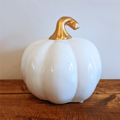 Ceramic Pumpkin With Gold Stalk - White