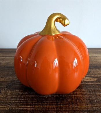 Ceramic Pumpkin With Gold Stalk - Orange