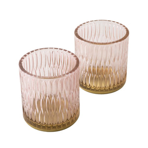 Set of Two Tealight Holders Textured Glass Dusky Pink in Gift Box