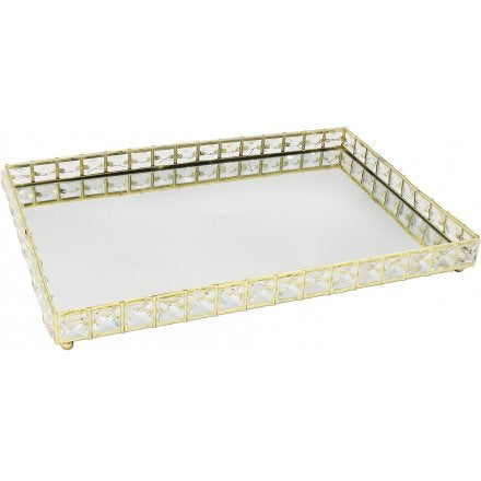 Gold Rectangular Crystal Edged Tray, 27cm