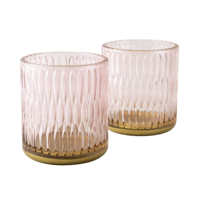 Set of Two Tealight Holders Textured Glass Dusky Pink in Gift Box