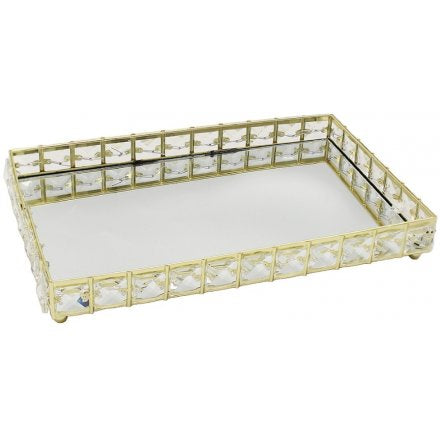 Gold Rectangular Crystal Edged Tray, 29cm