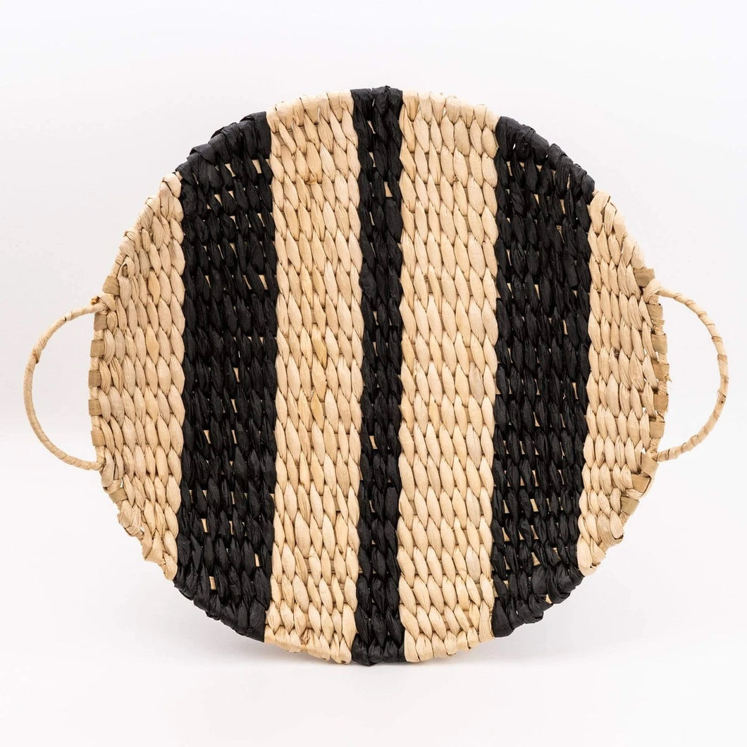 Rush Woven Plate Black Stripe Pattern with Handles 35cm