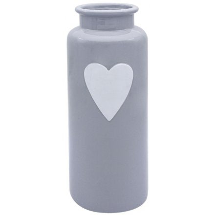 Large Grey Ceramic Vase with Heart Decal