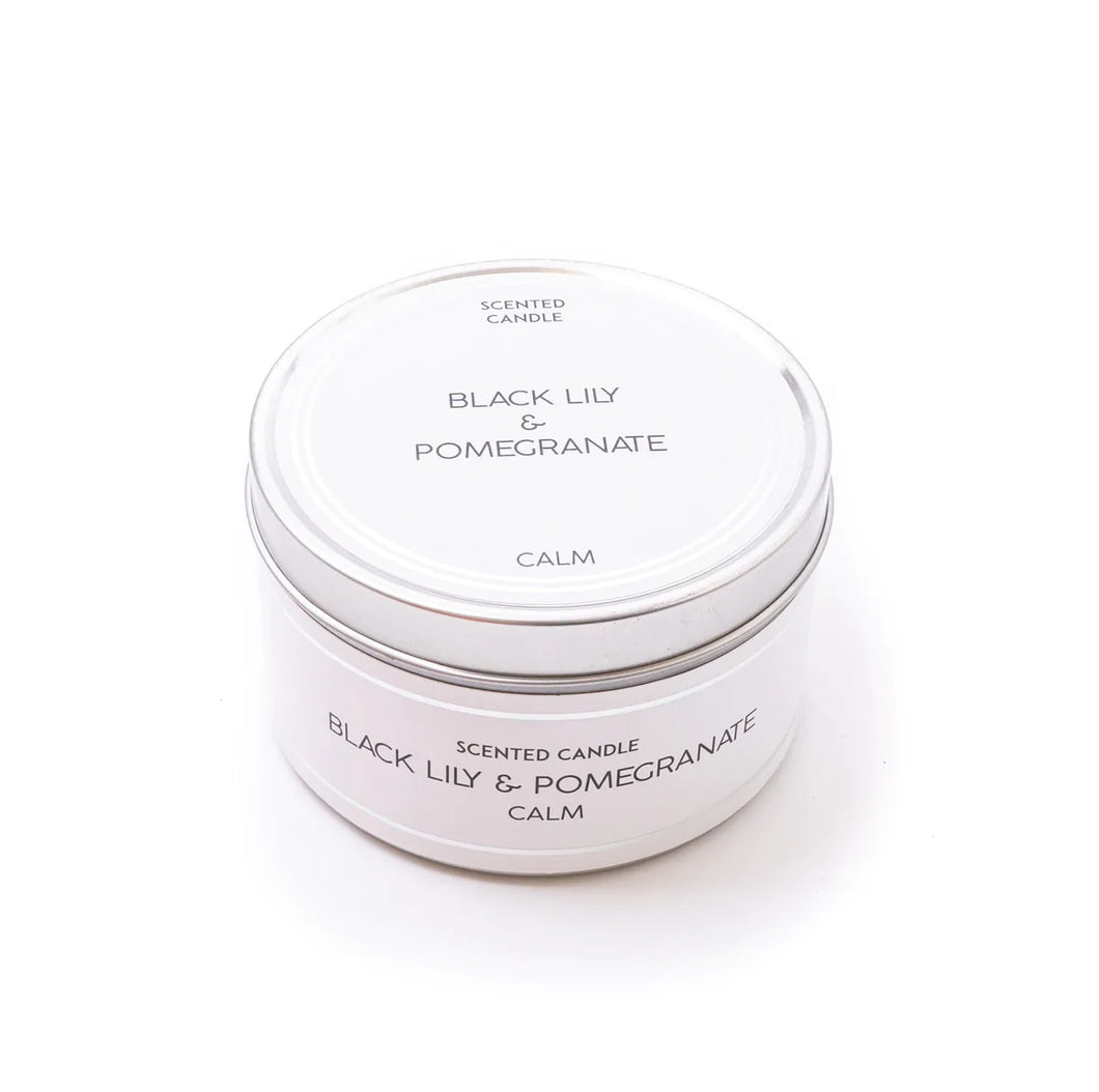 Silver Tin Candle - Black lily & Pomegranate Scent